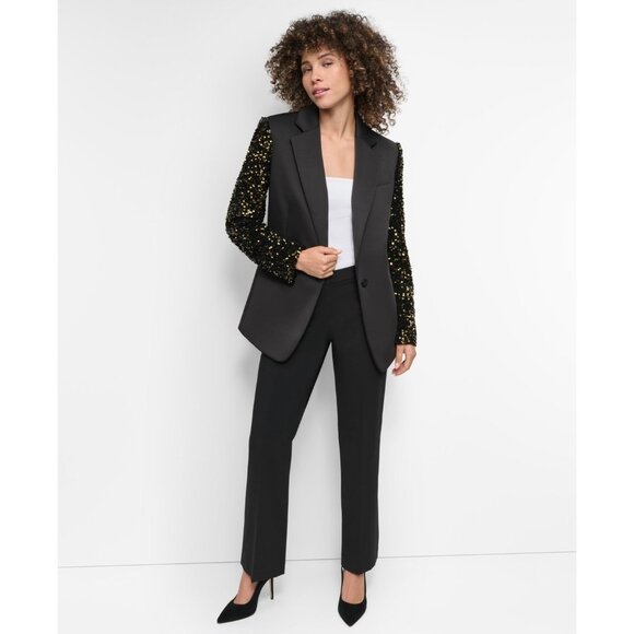 DKNY Women's Sequinned-Sleeve Single-Button Blazer Black Gold Size 6 MSRP $169 - Picture 2 of 5